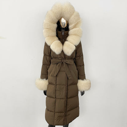 Brown puffer coat with fur trim on a white background