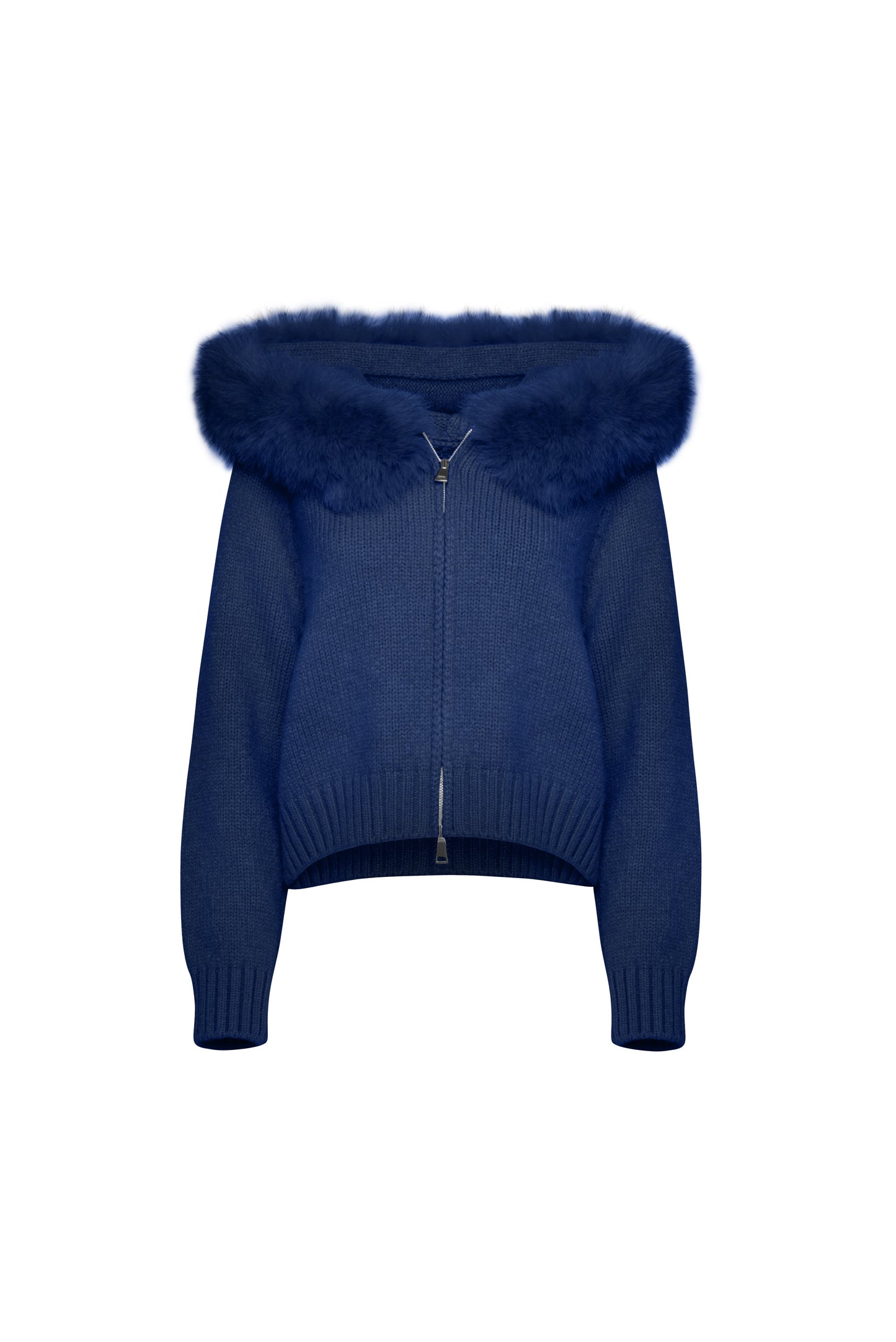 Blue sweater with fur hood on a white background