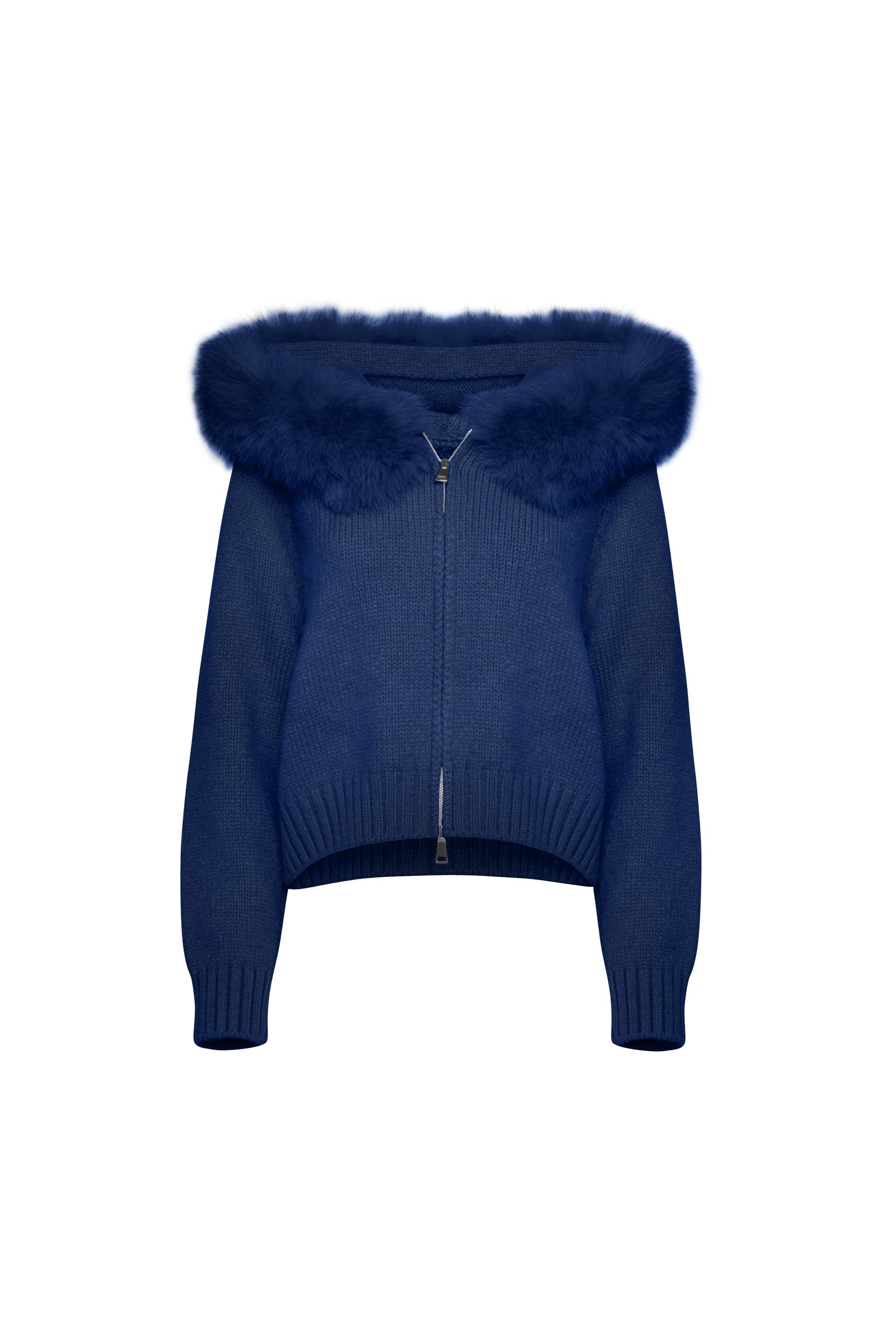 Blue sweater with fur hood on a white background