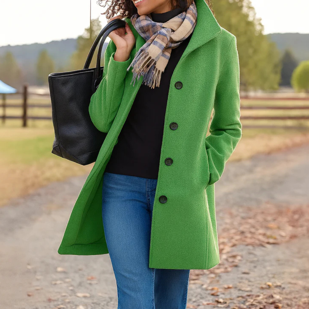 Person wearing a green coat with a black bag and blue jeans, standing outdoors.