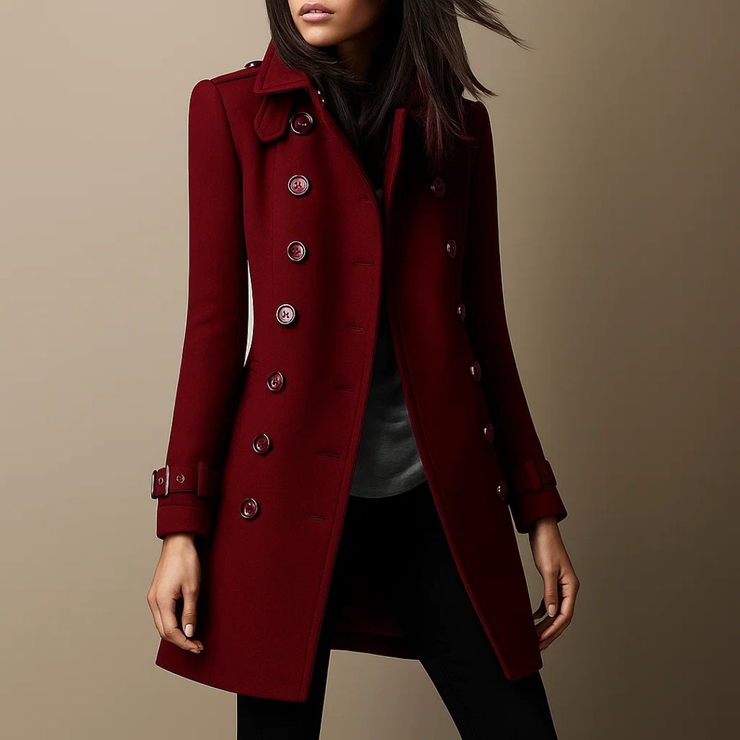 Red coat worn by a person on a beige background