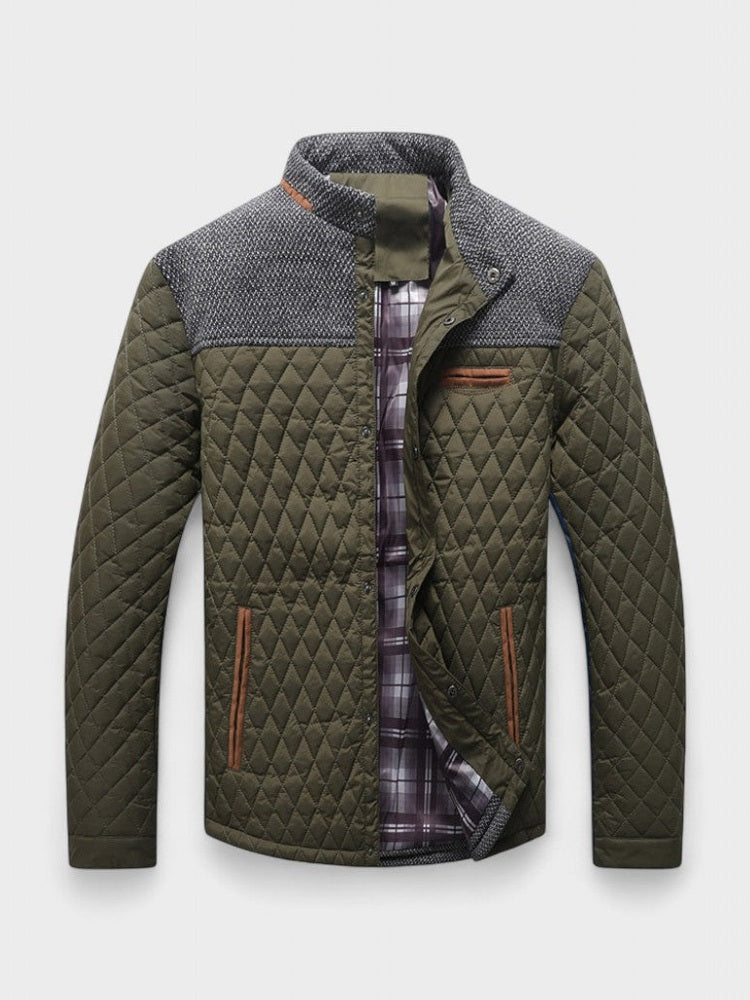 Quilted jacket with plaid lining on a light gray background