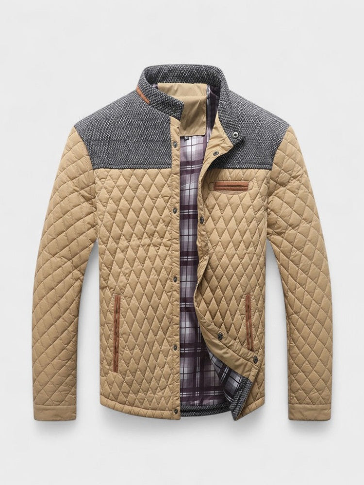 Quilted jacket with a plaid interior on a light gray background
