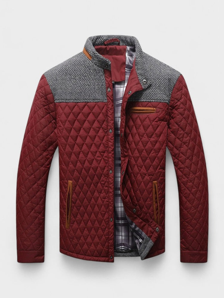 Quilted jacket with red and gray pattern on a white background