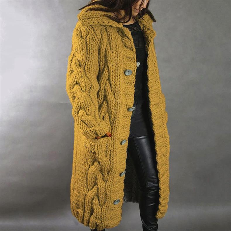 Mustard yellow knitted coat worn by a person on a gray background
