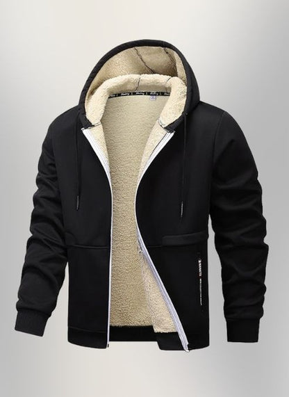 Black hoodie with beige fleece lining on a gray background
