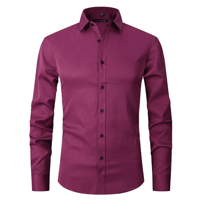 Purple button-up shirt on a white background