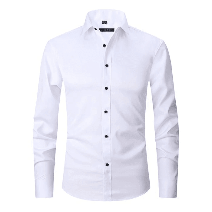 White dress shirt with black buttons on a white background