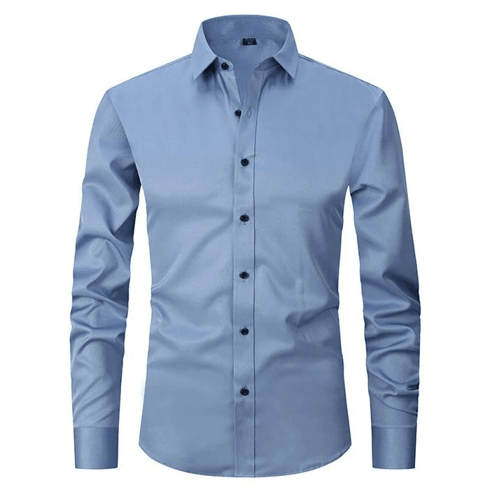 Light blue dress shirt with black buttons on a white background