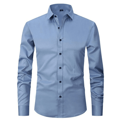 Light blue dress shirt with black buttons on a white background