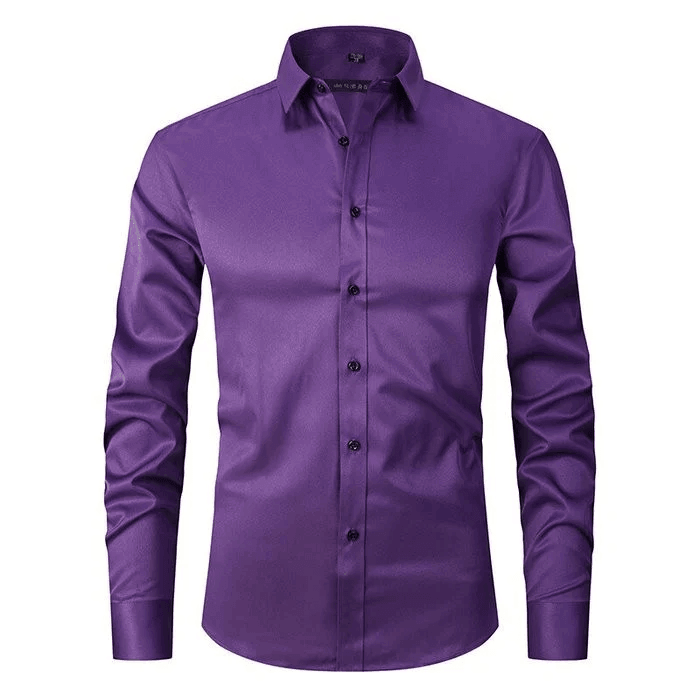 Purple button-up shirt on a white background