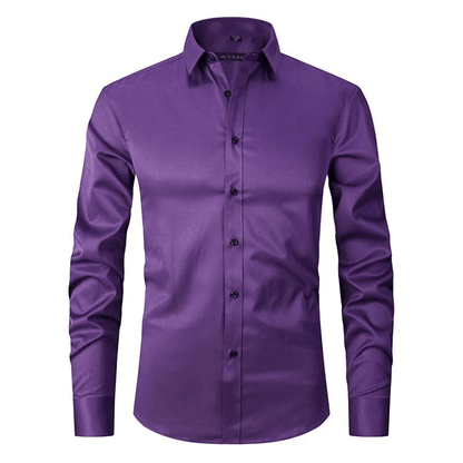 Purple button-up shirt on a white background