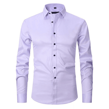Light purple dress shirt with black buttons on a white background