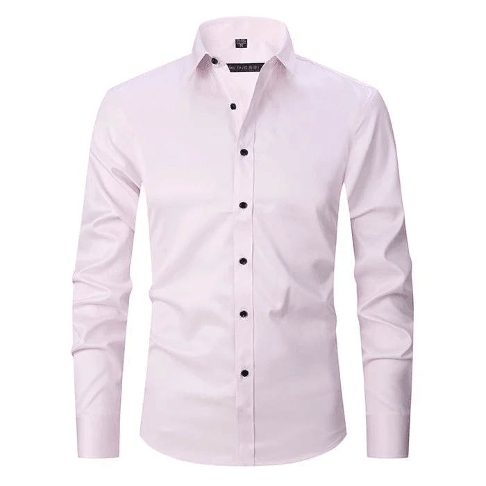 White dress shirt with black buttons on a white background