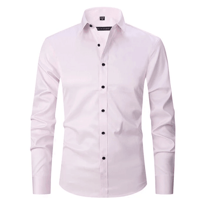 White dress shirt with black buttons on a white background
