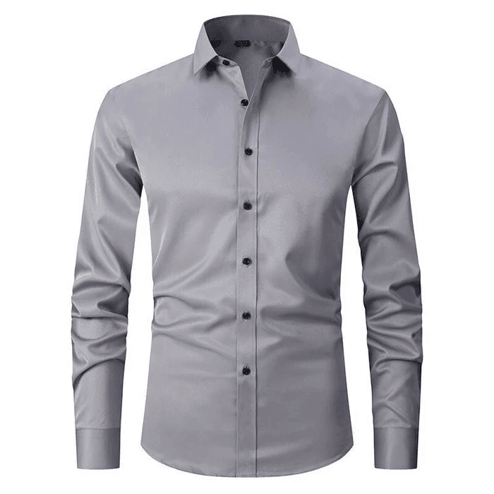 Gray dress shirt with black buttons on a white background