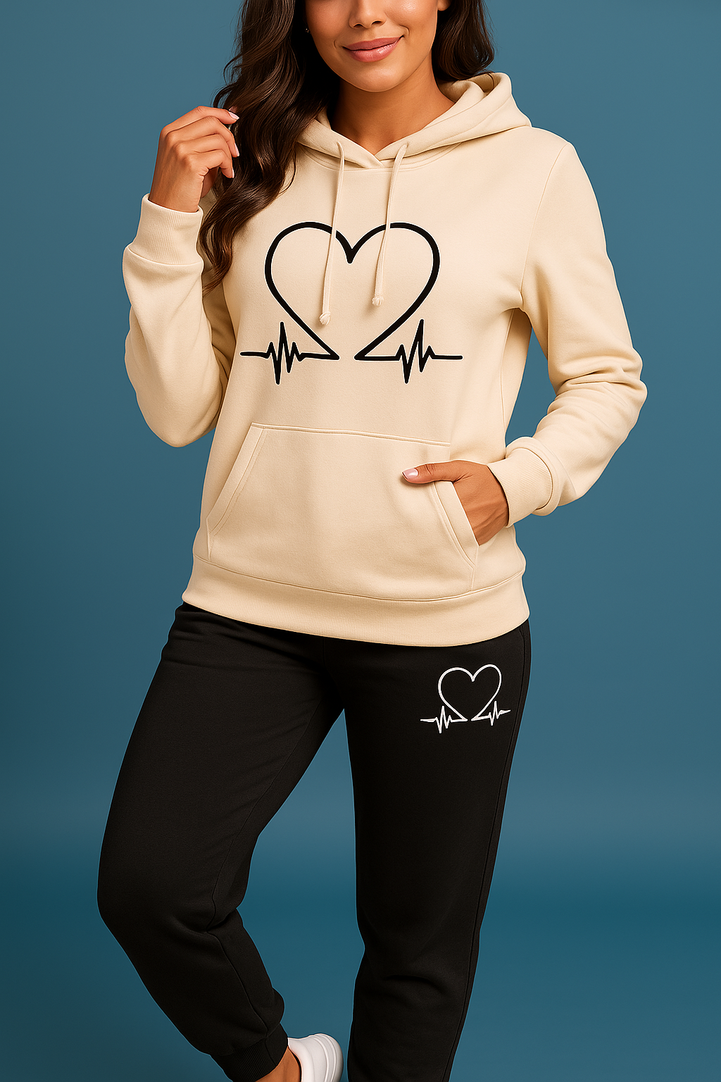 Luźny komplet dresowy z nadrukiem serca dla kobiet