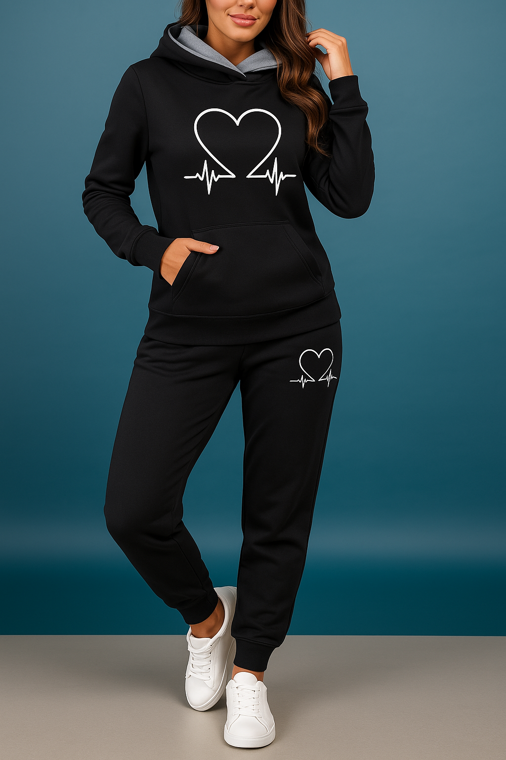 Luźny komplet dresowy z nadrukiem serca dla kobiet
