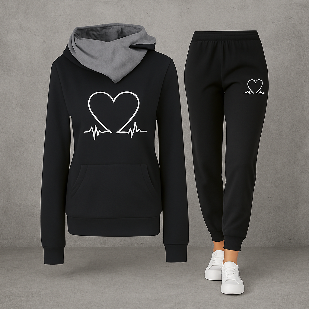 Luźny komplet dresowy z nadrukiem serca dla kobiet