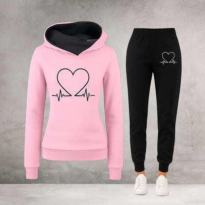 Luźny komplet dresowy z nadrukiem serca dla kobiet