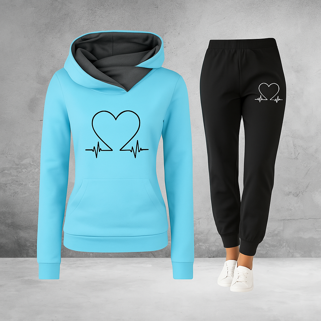 Luźny komplet dresowy z nadrukiem serca dla kobiet