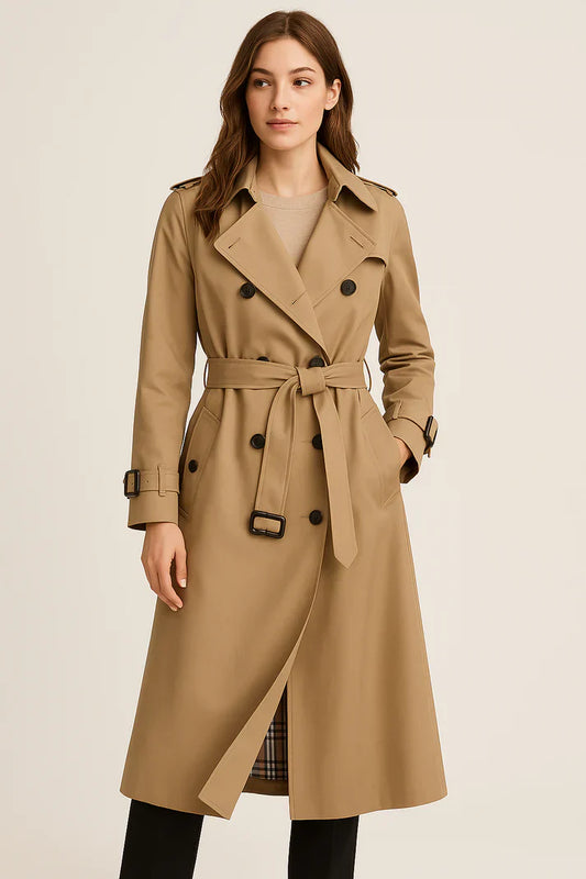 Woman wearing a beige trench coat on a plain background