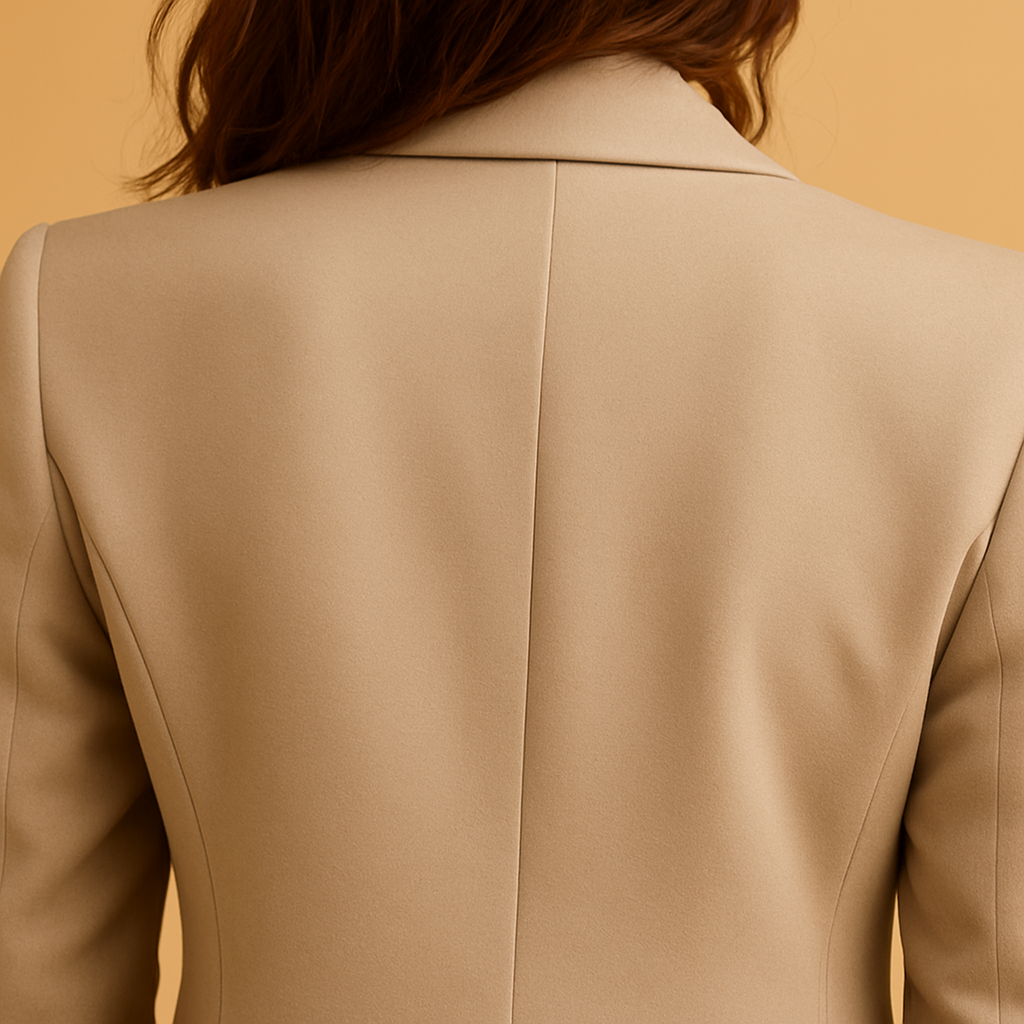 Close-up of a beige suit jacket on a beige background