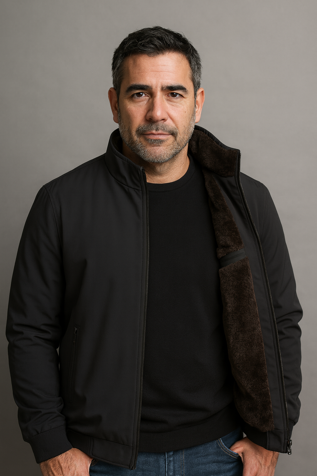 Man wearing a black jacket with brown lining against a gray background
