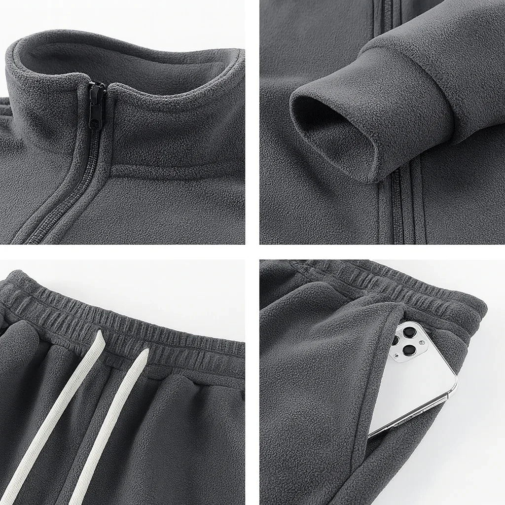 Gray fleece tracksuit with close-up details on a white background
