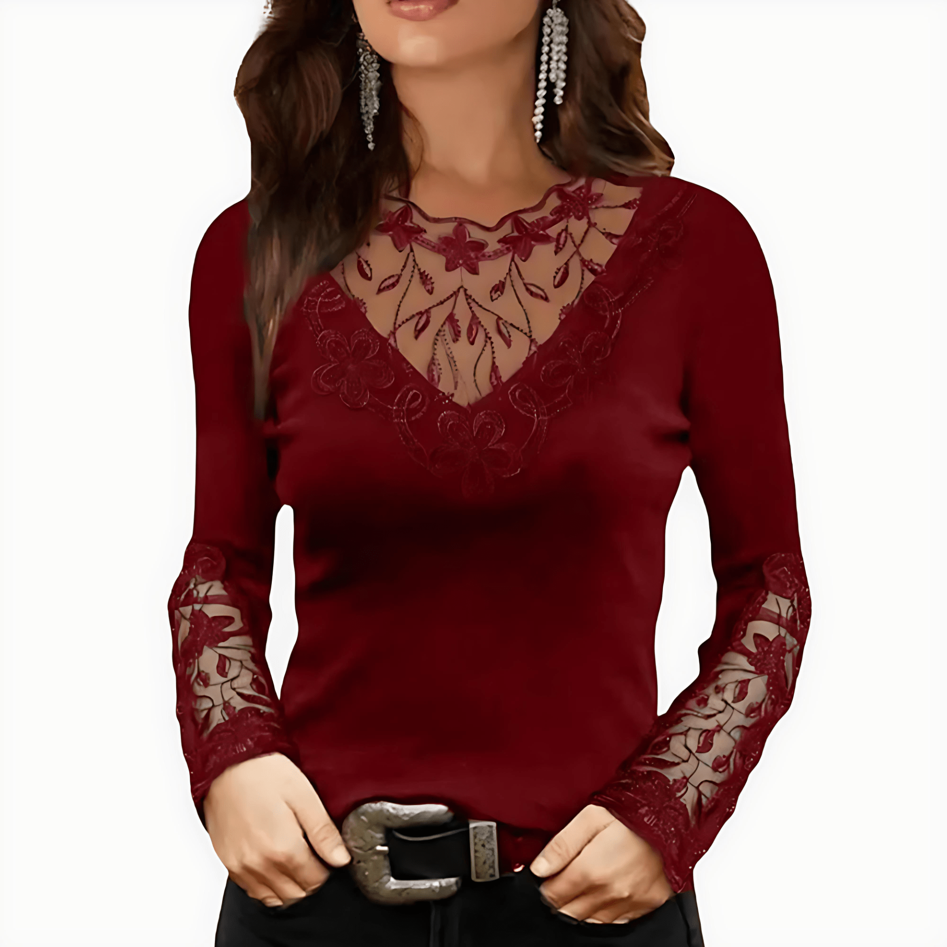 Red long-sleeve top with lace details on a white background