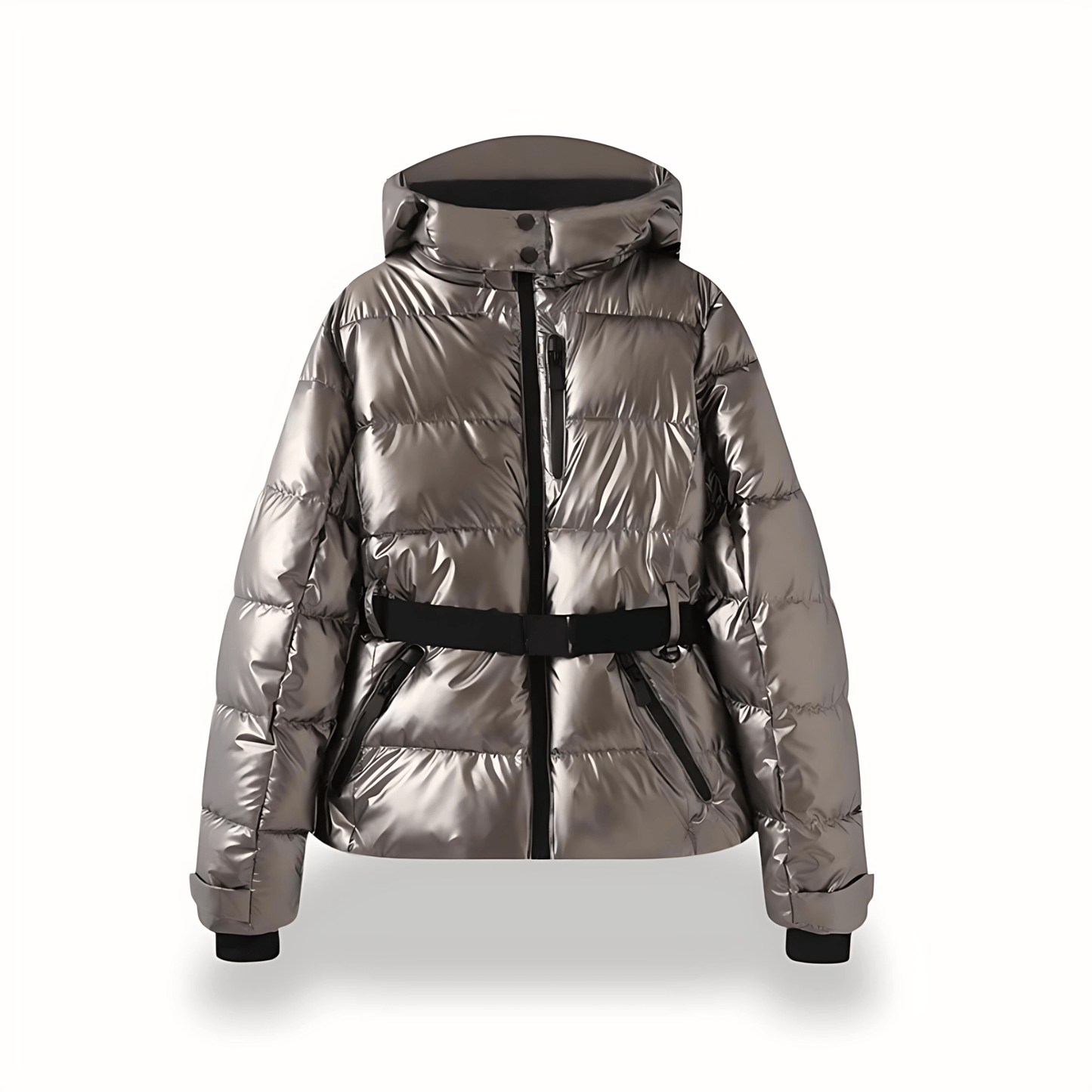 Metallic silver puffer jacket with a belt on a white background