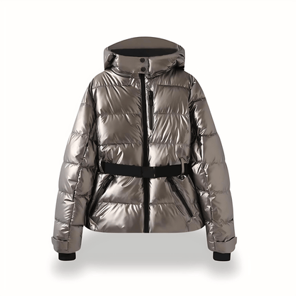 Metallic silver puffer jacket with a belt on a white background