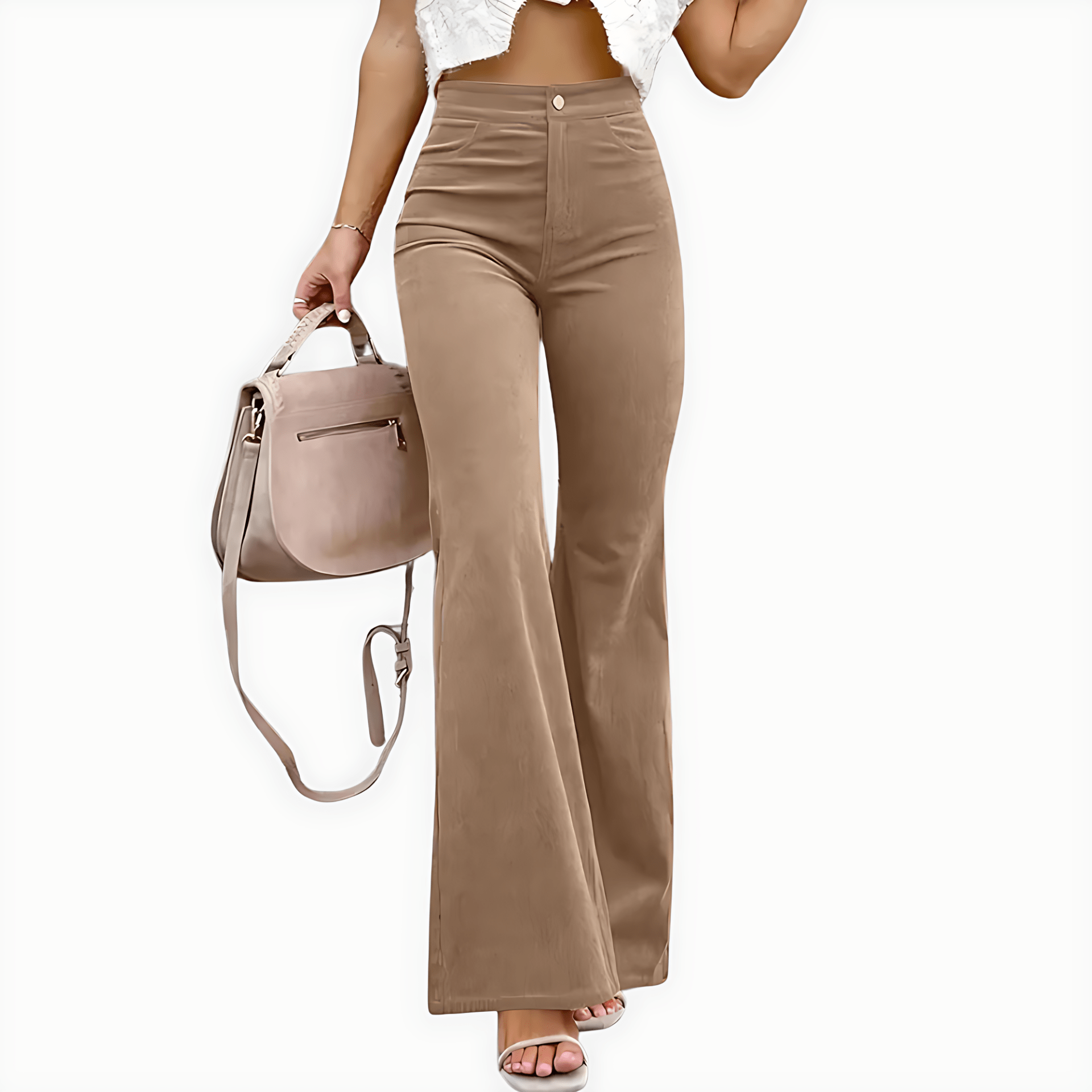 Person wearing beige high-waisted pants holding a beige handbag on a white background