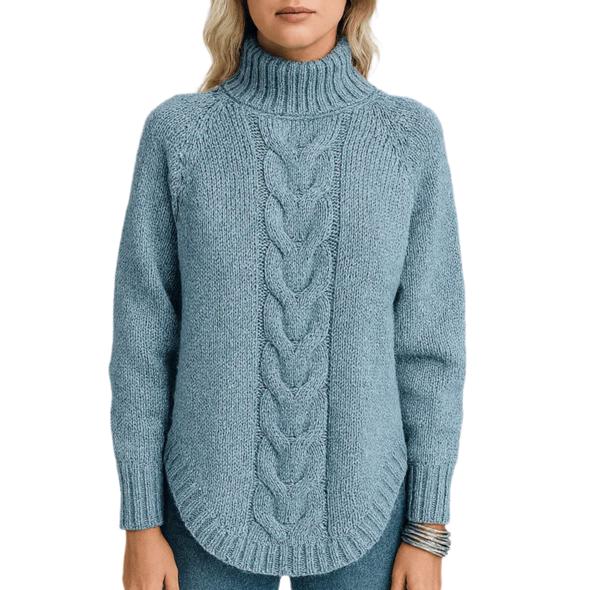 Blue knitted sweater with cable pattern on a white background