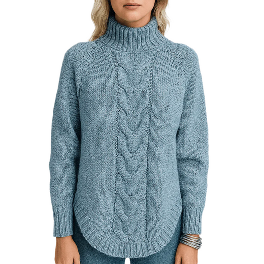 Blue knitted sweater with cable pattern on a white background