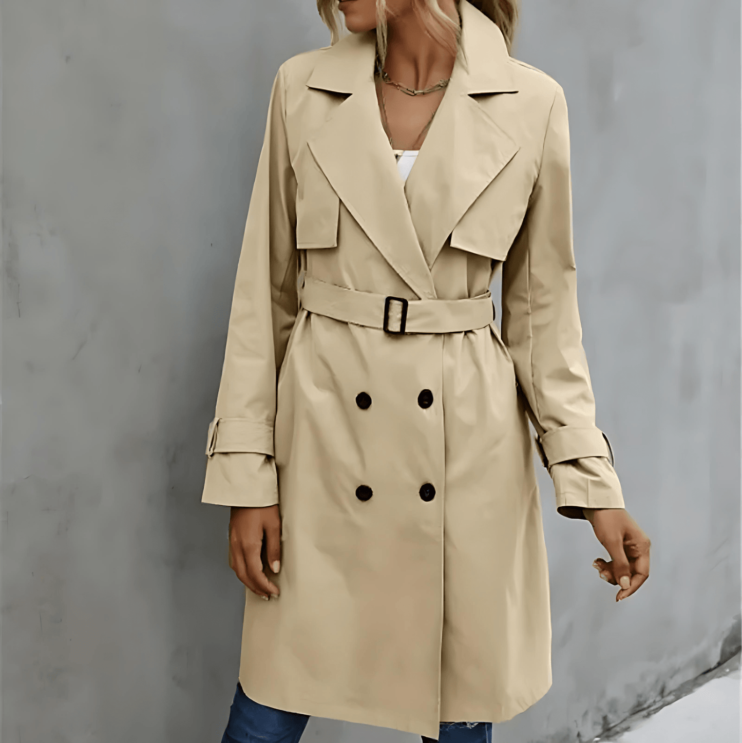 Beige trench coat worn by a person against a gray background