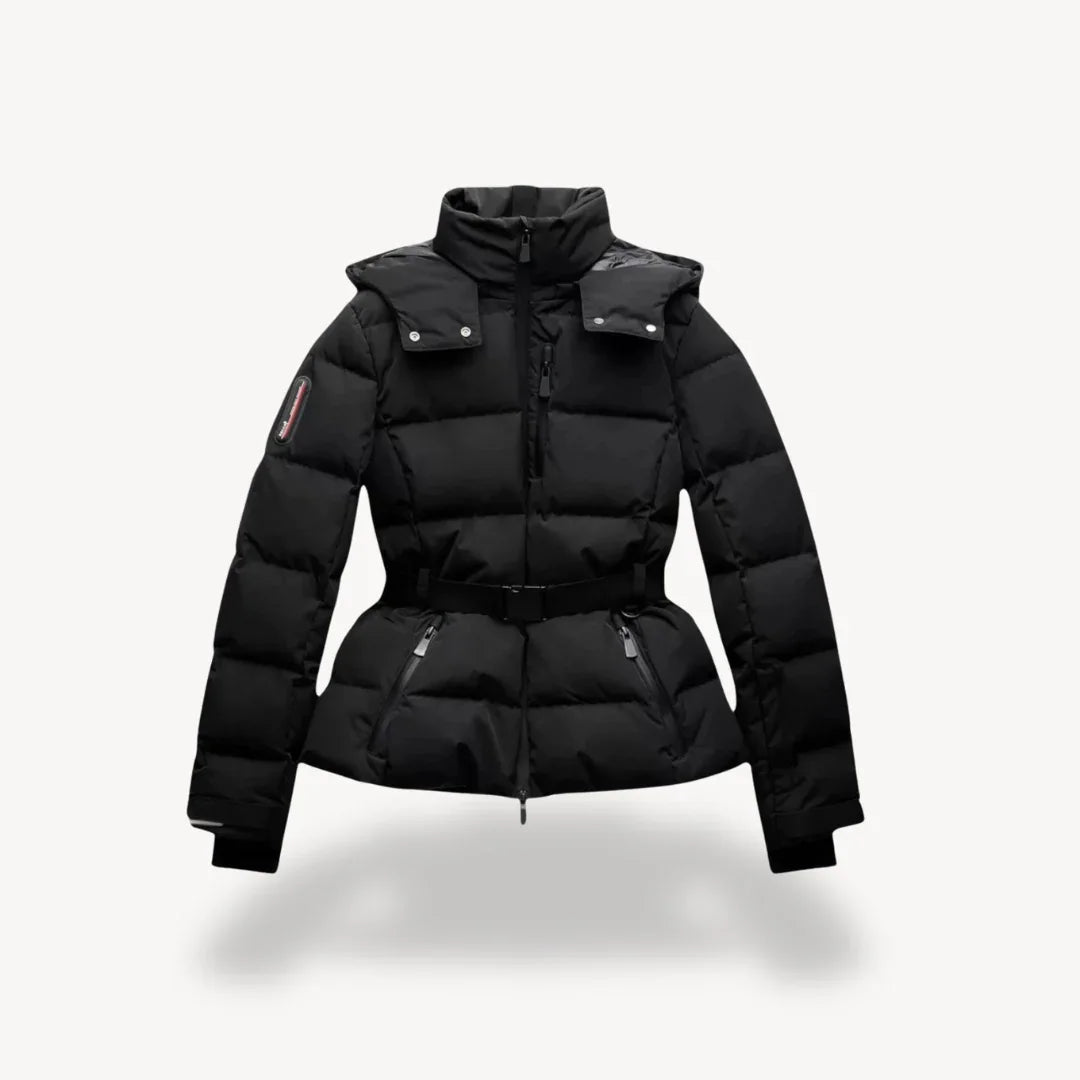 Black puffer jacket on a light gray background