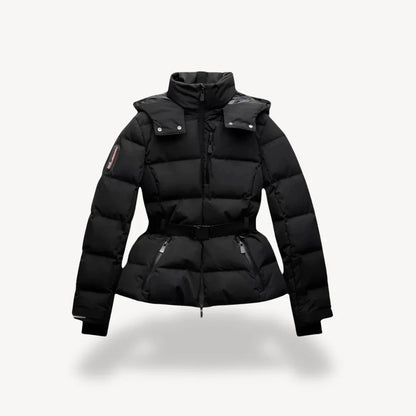 Black puffer jacket on a light gray background