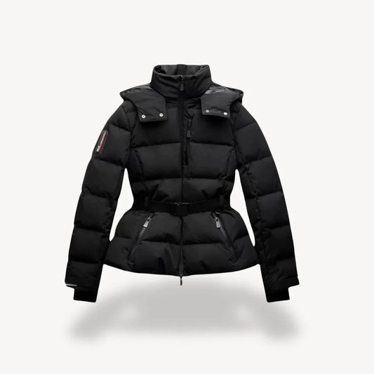 Black puffer jacket on a light gray background