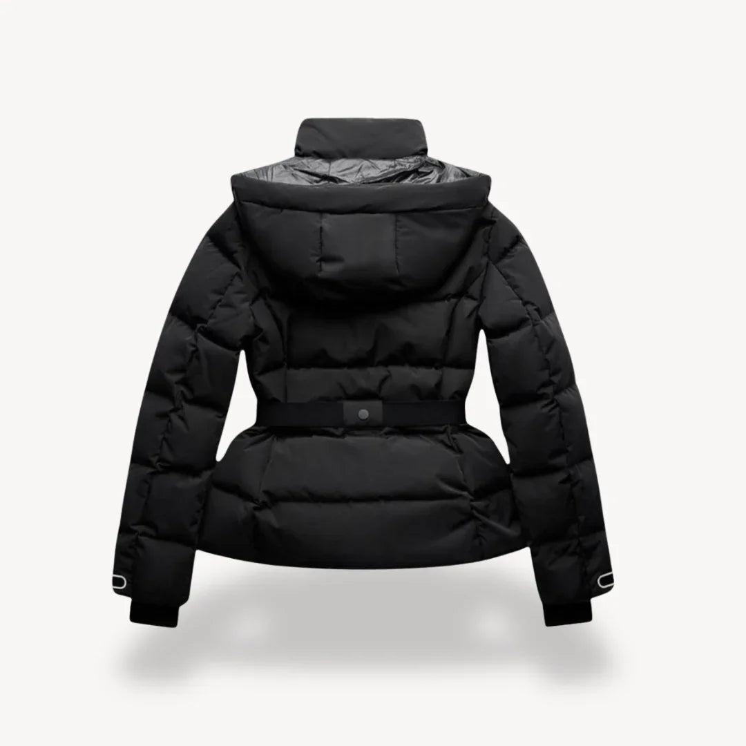 Black puffer jacket on a white background
