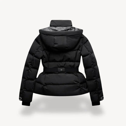 Black puffer jacket on a white background
