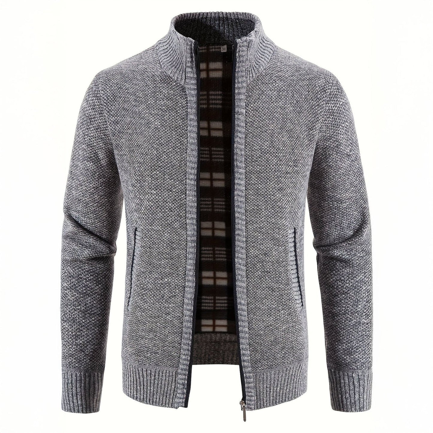 Gray knitted cardigan with plaid lining on a white background