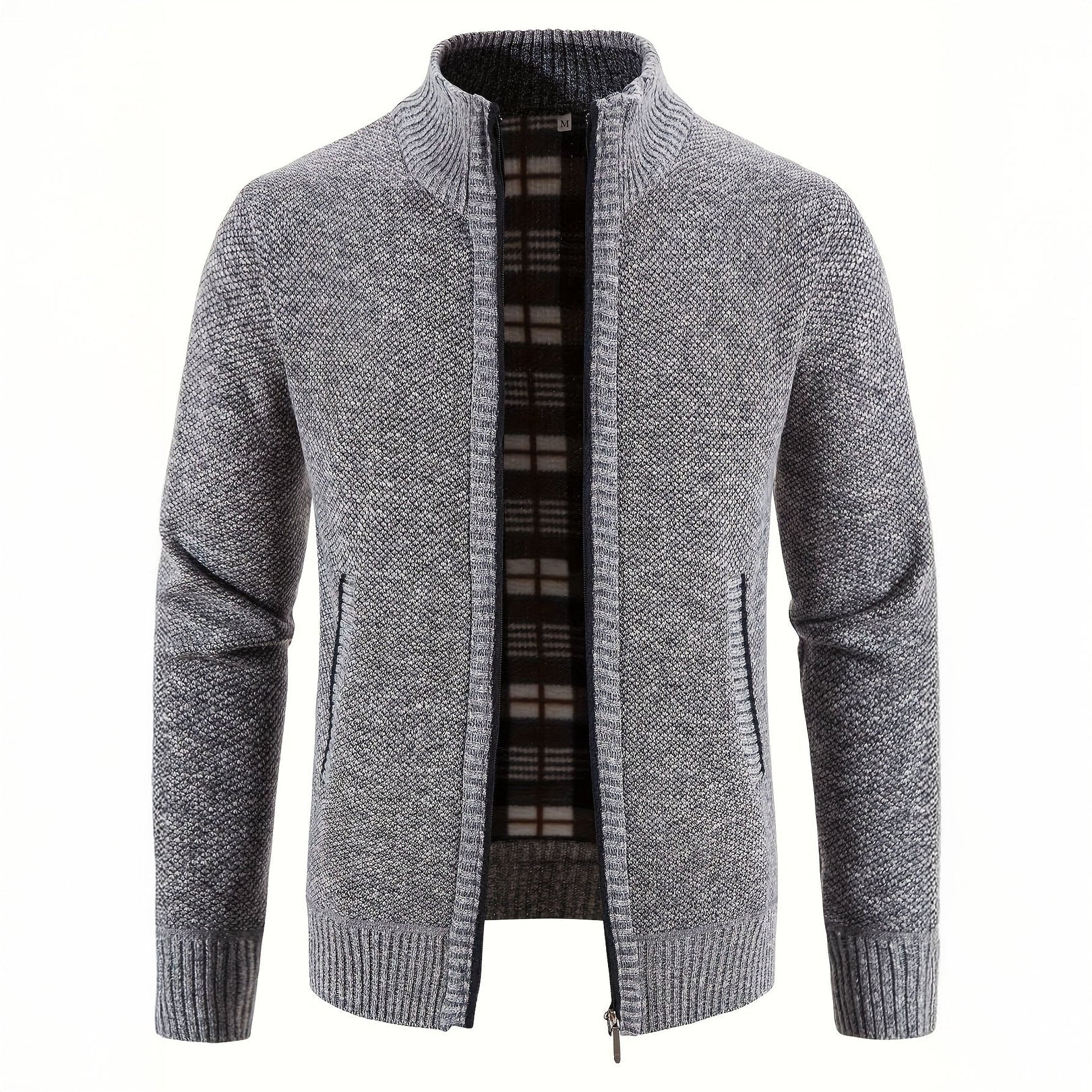 Gray knitted cardigan with plaid lining on a white background