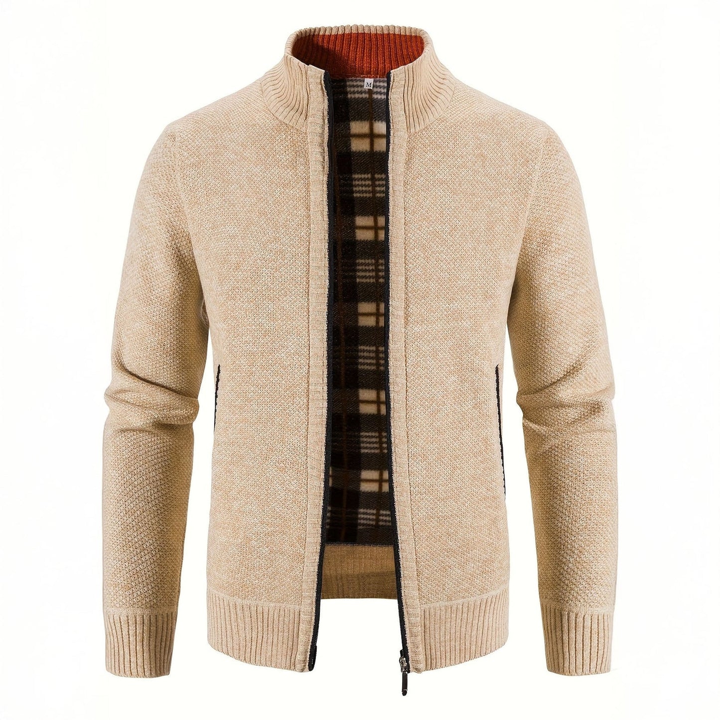 Beige cardigan with plaid lining on a white background