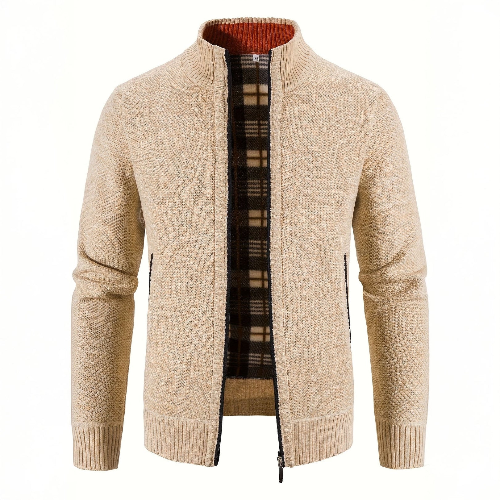 Beige cardigan with plaid lining on a white background
