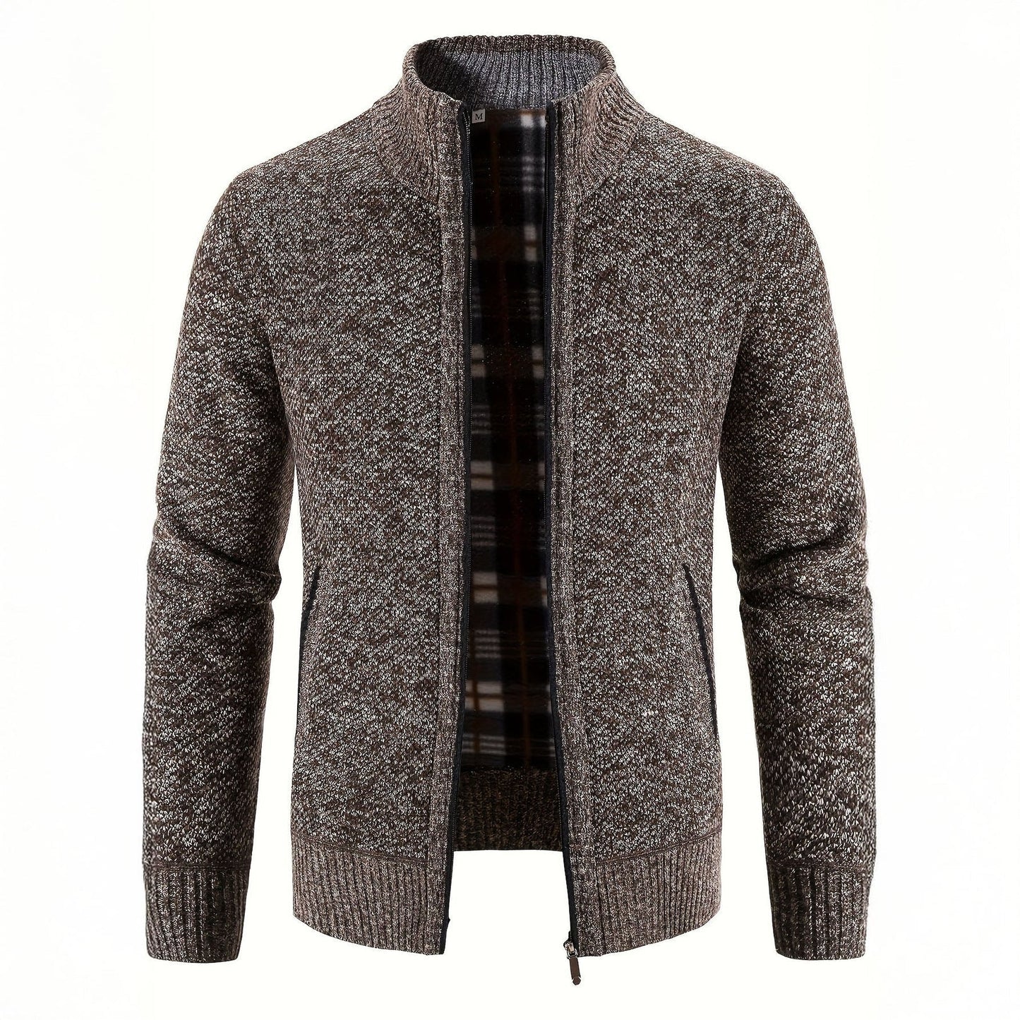 Gray knitted cardigan with plaid lining on a white background