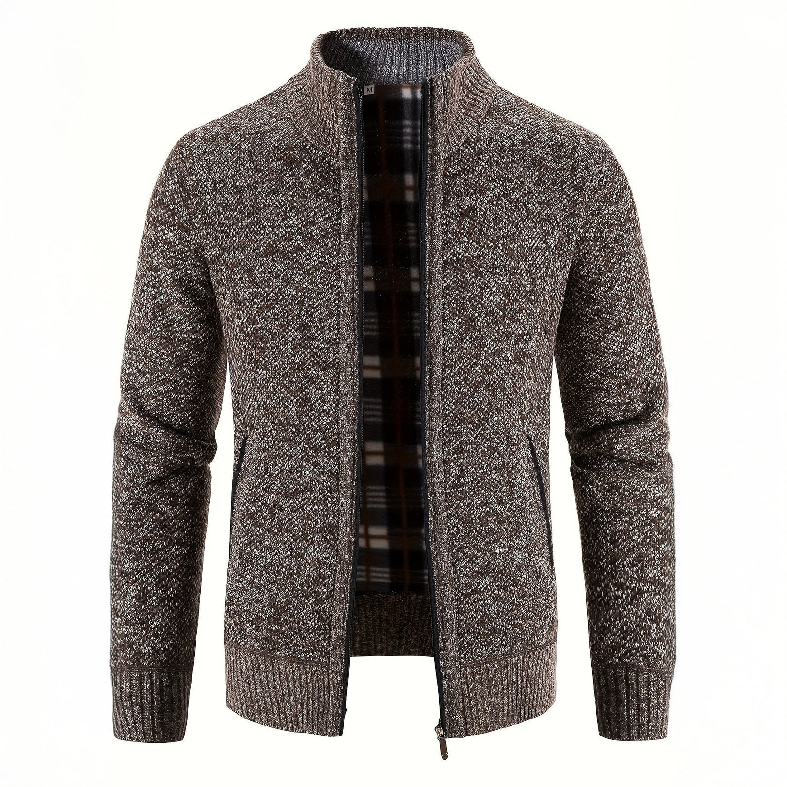 Gray knitted cardigan with plaid lining on a white background