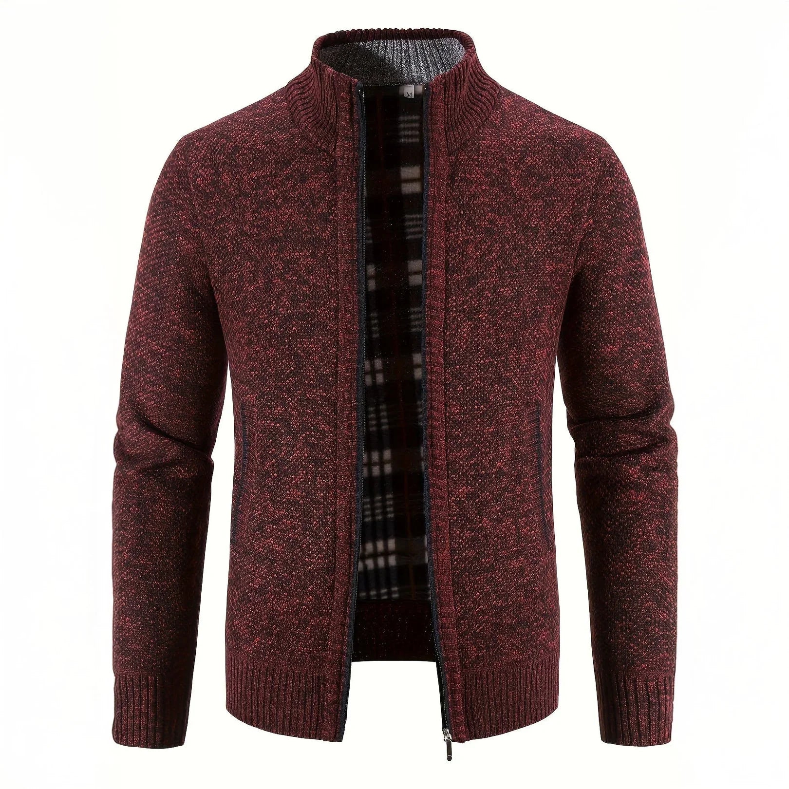Maroon knitted jacket with plaid lining on a white background