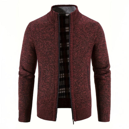 Maroon knitted jacket with plaid lining on a white background
