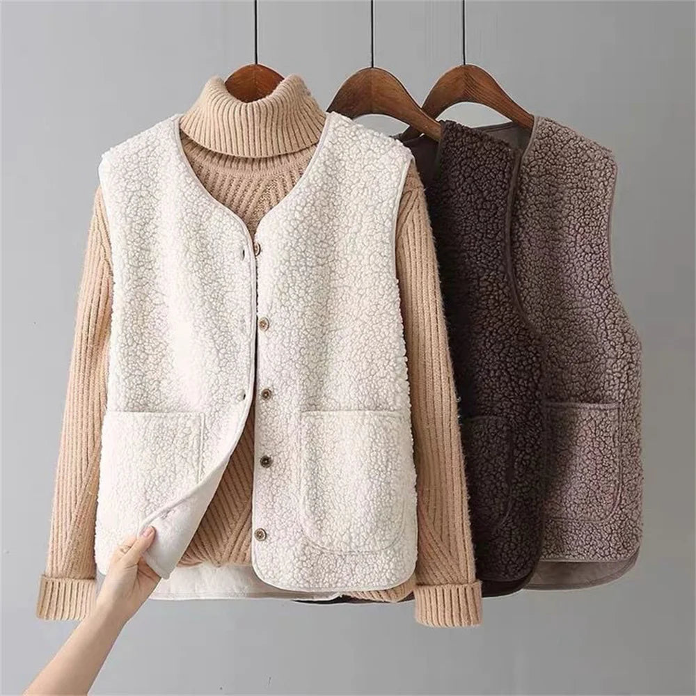 Two vests, one beige and one brown, on hangers against a gray background.